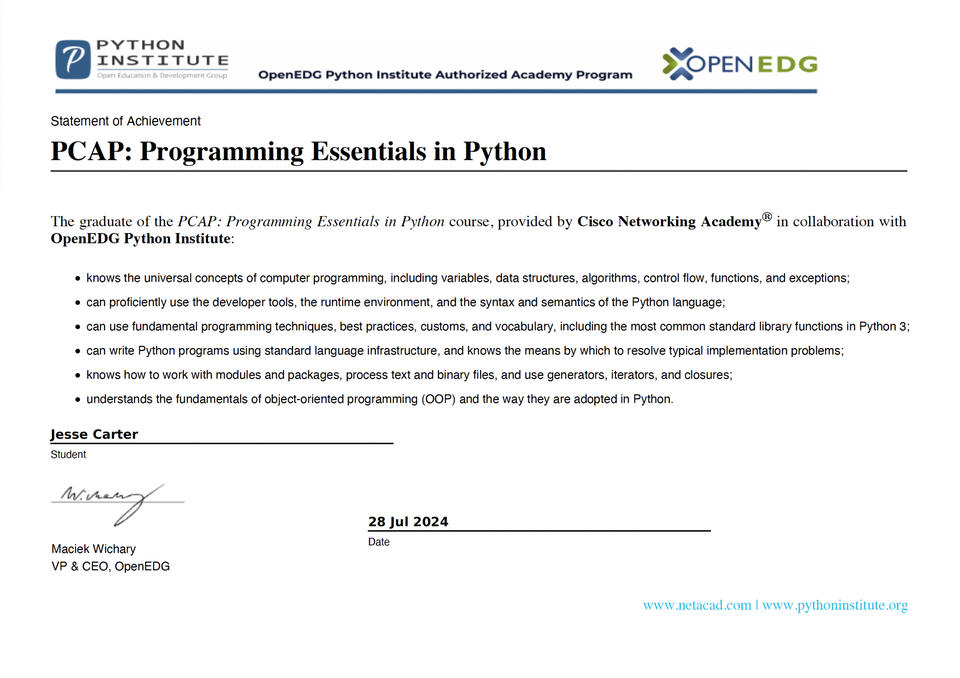 Certificate - PCAP Programming Essentials in Python